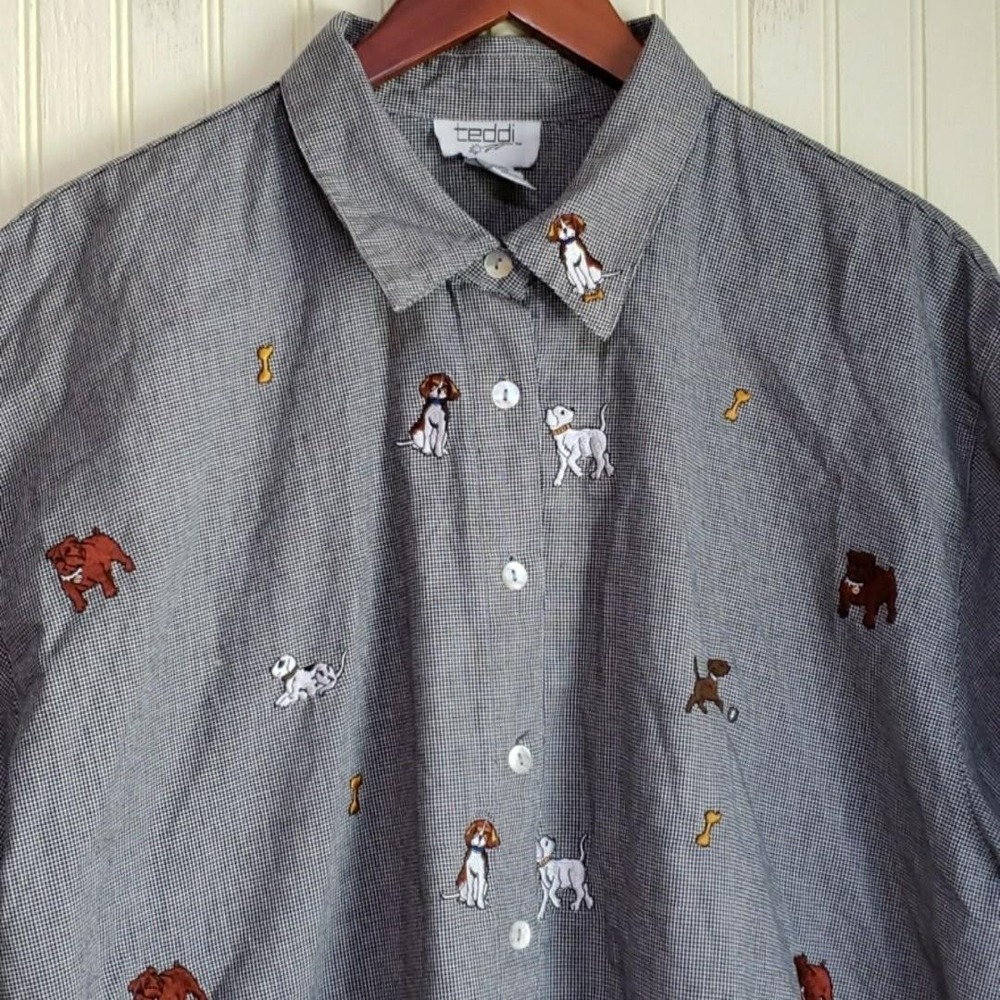 Vintage Teddi Button Up Shirt Womens 2X Plus Gray Short Sleeve Dog Print Top